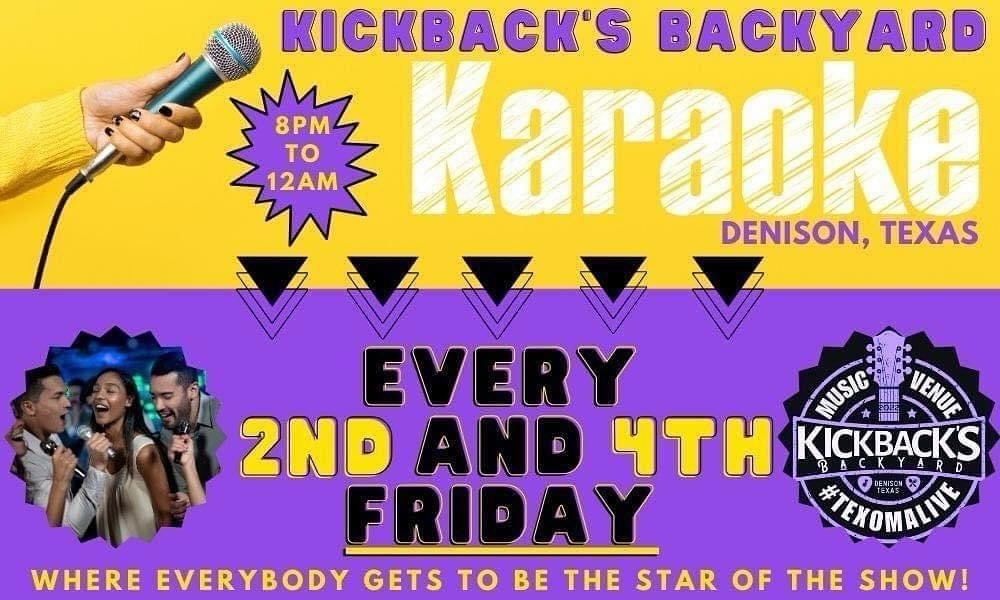 ⭐️ YOU&rsquo;RE THE STAR OF THE SHOW #Friday at @kickbacksbackyarddenison! 🎙️ We&rsquo;ve got #KARAOKE 8p-12a PLUS the best #drinks in town! 🍹 Kitchen OPEN LATE! 😋 What song will YOU sing??? 🫵 🎶 #FriYAY 10/11 #karaokenight #fridaynight