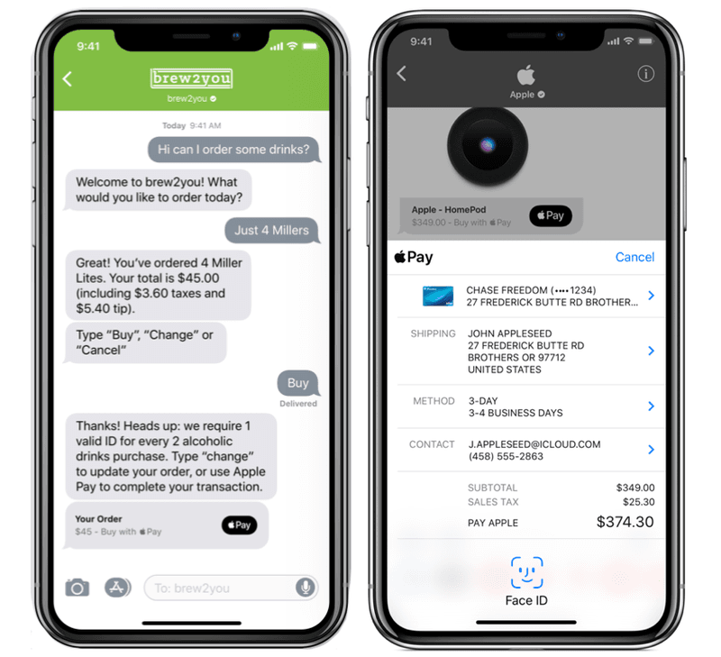 Lorsqu'une entreprise envoie une demande de paiement, celle-ci apparaît sous la forme d'une bulle de discussion normale et comporte un logo Apple Pay. Le client peut appuyer sur le message pour remplir un formulaire de paiement Apple Pay qui s'ouvrira dans le chat.