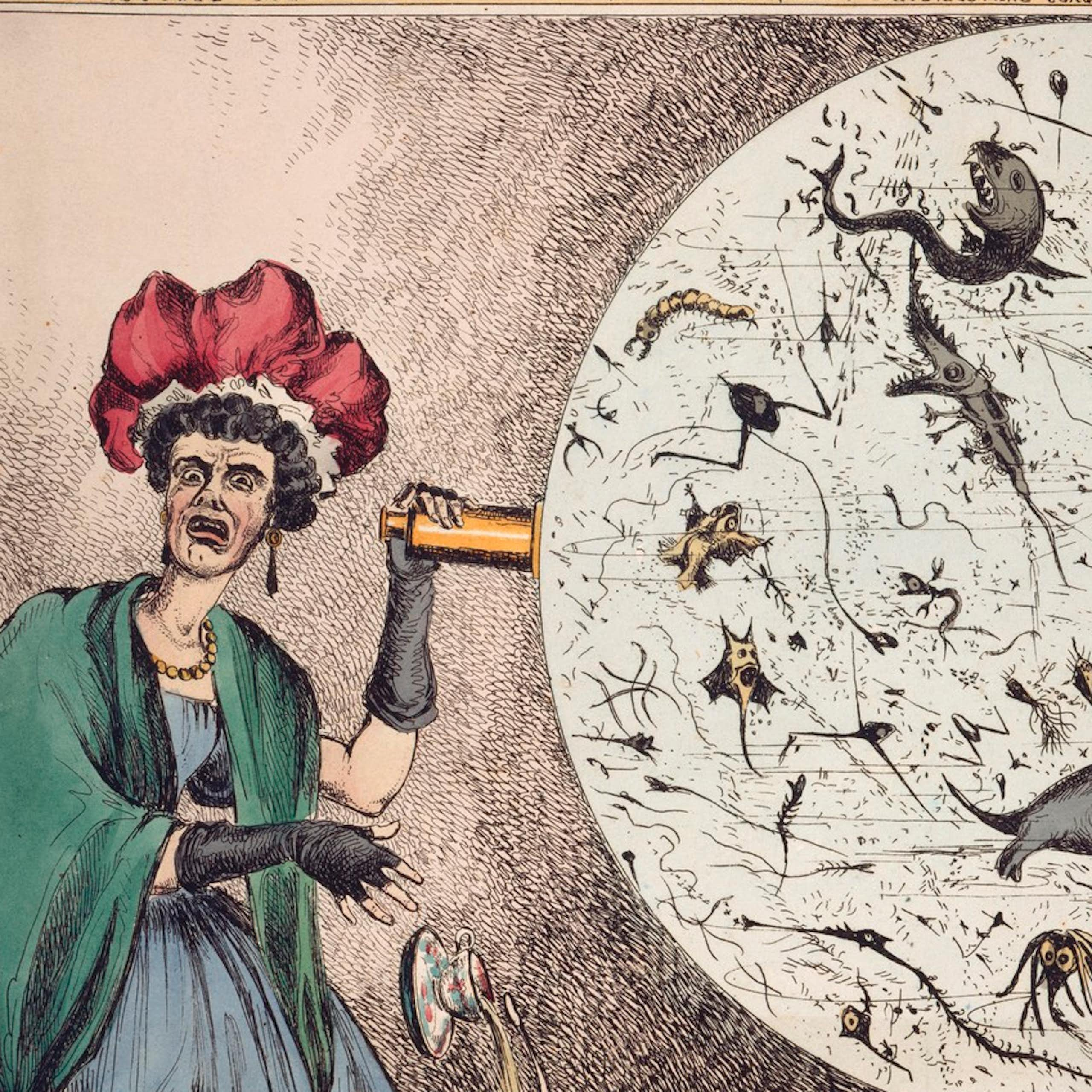 A cartoon with a woman dropping her tea cup and looking horrified after peering through a microscope