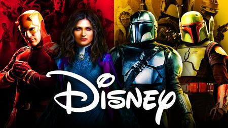 Marvel and Star Wars characters - Daredevil, Agatha, Mandalorian, Boba Fett, with Disney logo