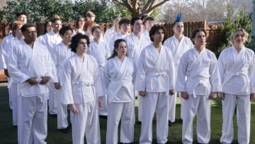 Cobra Kai. (L to R) Khalil Everage as Chris, Nathaniel Oh as Nate, Griffin Santopeitro as Anthony Larusso, Owen Morgan as Bert, Mary Mouser as Samantha LaRusso, Aedin Mincks as Mitch, Gianni DeCenzo as Demetri, Xolo Maridueña as Miguel Diaz, Jacob Bertrand as Eli 'Hawk' Moskowitz, Tanner Buchanan as Robby Keene, Peyton List as Tory Nichols in Cobra Kai. Cr. Curtis Bonds Baker/Netflix © 2024