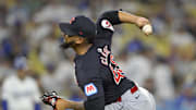 Cleveland Guardians relief pitcher Emmanuel Clase (48) earns a save in the ninth inning against the Los Angeles Dodgers at Dodger Stadium on Sept 6.