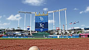 Jul 2, 2024; Kansas City, Missouri, USA;  A general view of of Kauffman Stadium before a game between the Kansas City Royals and Tampa Bay Rays. Mandatory Credit: Peter Aiken-Imagn Images