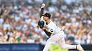 San Diego Padres starting pitcher Dylan Cease (84) throws against the San Francisco Giants during the second inning at Petco Park on Sept 7.