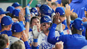 Kansas City Royals shortstop Bobby Witt Jr. (7) celebrates in the dugout after hitting a grand slam against the Detroit Tigers in the third inning at Kauffman Stadium on Sept 16.