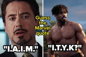 Tony Stark on the left and Erik Killmonger on the right with the text "Guess the Marvel quote" in between