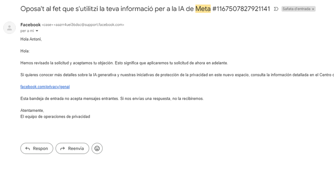 Resposta genèrica de Meta en què s'indica que han revisat i acceptat l'objecció i que això significa que 'aplicarem la teva sol·licitud d'ara endavant'