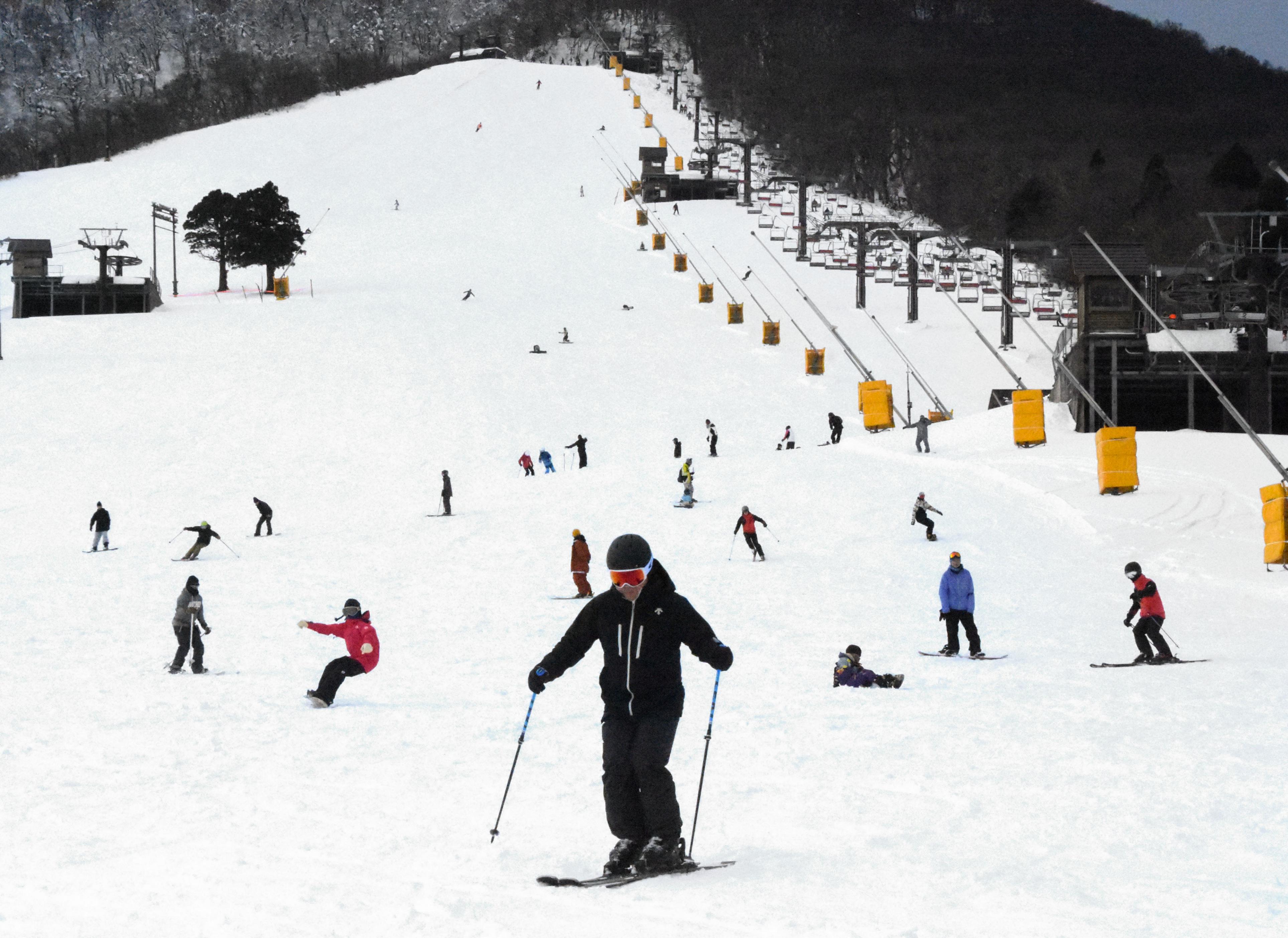 鳥取県大山町の「だいせんホワイトリゾート」でスキーを楽しむ人たち＝21日午前