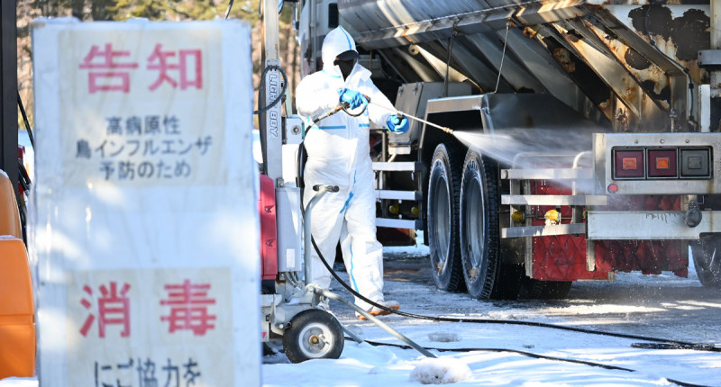 鳥インフルエンザの感染確認を受け、周辺では往来する関係車両の消毒作業が続いた＝１１日午前１１時半、滝沢市砂込