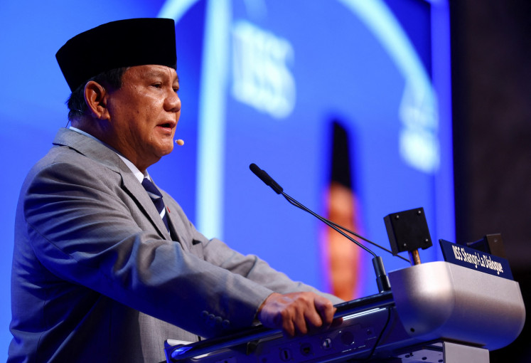 Defense Minister and president-elect Prabowo Subianto speaks at the Shangri-La Dialogue in Singapore on June 1, 2024.