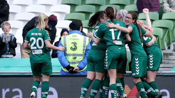 Cork City celebrating their match-winning goal.