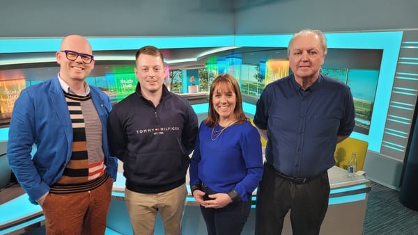 In the Study Hub Studio L to R: Declan Kelly, Séadhan de Poire, host Evelyn O'Rourke and Kieran Mills.