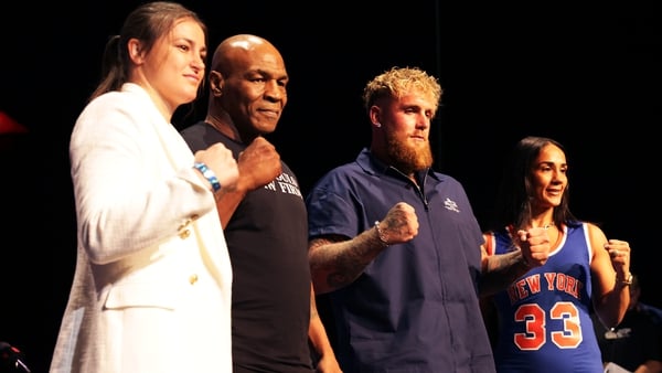 Katie Taylor, Mike Tyson, Jake Paul and Amanda Serrano at the press conference for the co-main event scheduled for Texas in July