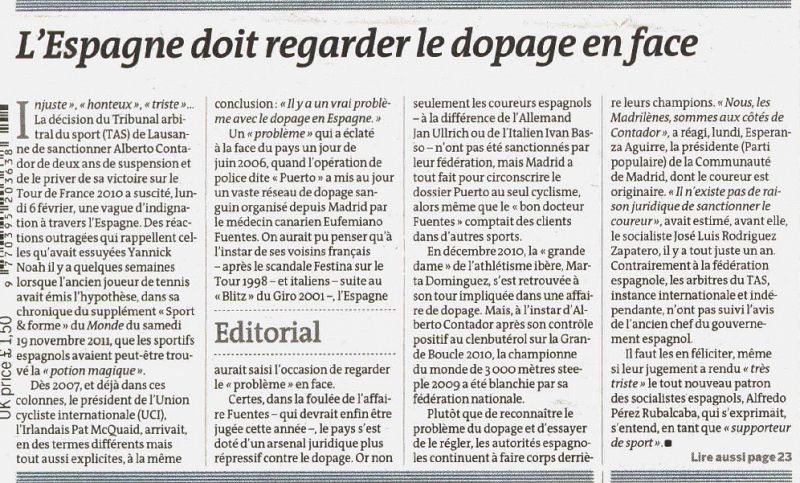 'Le Monde': "El caso Contador debe hacer que España mire al dopaje de frente"