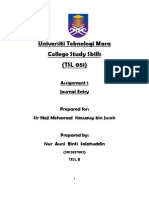 Universiti Teknologi Mara College Study Skills (TSL 051) : Assignment 1 Journal Entry