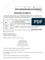 3 Lista de Exercícios Complementares de Matemática (Expressões Algébricas) Professora Michelle - 8º Ano