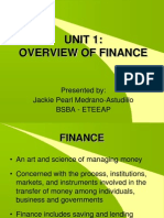 Unit 1: Overview of Finance: Presented By: Jackie Pearl Medrano-Astudillo Bsba - Eteeap