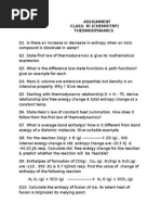 Assignment Class: Xi (Chemistry) Thermodynamics