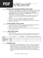 Unit 6 Week 3 Centers Checklist Due: Friday, April 24, 2015: - Writing Center (Analytical Writing-Quiz Grade)