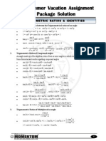 Maths Summer Vacation Assignment Package Solution: Trigonometric Ratios & Identities