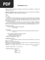 Experiment No. 9: Aim: To Find The Mechanical Advantage, Velocity Ratio and Efficiency of Simple and