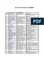 Chief Ministers & Governors of Indian States: S. No State and U.T. Chief Minister Governor