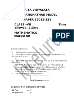 Kendriya Vidyalaya Sanghathan Model PAPER (2011-12) Class - Vii Time Allowed: 2 Hrs Mathematics Max-Marks: 60