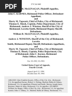 William R. McLenagan v. John C. Karnes, Richmond Police Officer, and Marty M. Tapscott, Chief of Police, City of Richmond Thomas E. Shook, Captain, Police Department, City of Richmond Andrew J. Winston, Sheriff of the City of Richmond Loretta Smith, Richmond Deputy Sheriff, William R. McLenagan v. Andrew J. Winston, Sheriff of the City of Richmond Loretta Smith, Richmond Deputy Sheriff, and Marty M. Tapscott, Chief of Police, City of Richmond Thomas E. Shook, Captain, Police Department, City of Richmond John C. Karnes, Richmond Police Officer, 27 F.3d 1002, 4th Cir. (1994)