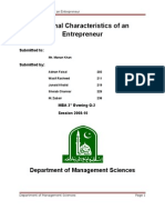 Personal Characteristics of An Entrepreneur: Department of Management Sciences