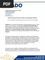 Senado Aprueba Proyecto de Retiro de Empleados Públicos (603/1163) COMUNICADO