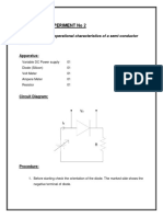 Experiment No 2: Objective: To Draw Operational Characteristics of A Semi-Conductor Diode