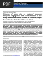 Influence of Class Size On Students' Classroom Discipline, Engagement and Communication: A Case Study of Senior Secondary Schools in Ekiti State, Nigeria