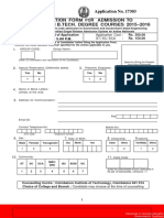 Application Form For Admission To Part Time B.E. / B.Tech. Degree Courses 2015 - 2016