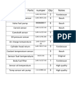 Notes Qty Numper Parts: Sensor Fuel Temperature