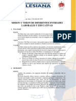 Mision Vision y Valores de Entidades Laborales e Institucionales