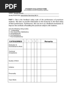 Categories Remarks: Student Evaluation Form