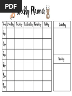 Weekly Planner: Time Monday Tuesday Wednesday Thursday Friday Saturday