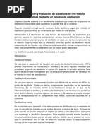 Recuperación y Evaluación de La Acetona en Una Mezcla Homogénea Mediante Un Proceso de Destilación.