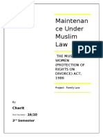 Maintenan Ce Under Muslim Law: The Muslim Women (Protection of Rights On Divorce) Act, 1986