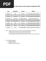 PH.D, D-Quarters Mess Menu For The Month of September 2019: Day Breakfast Lunch Dinner