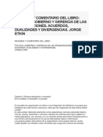 Resumen y Comentario Del Libro Politica Gobierno y Gerencia de Las Organizaciones Acuerdos Dualidades y Divergencias Jorge Etkin