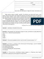 Atividade de Portugues Questoes Sobre Pronomes Pessoais 7º Ano PDF