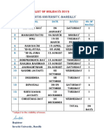 Invertis University, Bareilly: List of Holidays 2019