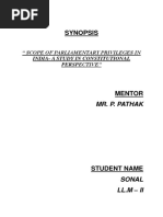 Synopsis: " Scope of Parliamentary Privileges in India-A Study in Constitutional Perspective"