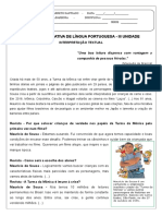 ATIVIDADE AVALIATIVA DE LÍNGUA PORTUGUESA - 4 Ano - III Unidade - 2018