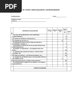 Lista de Cotejo para Evaluar en Los Restaurantes