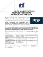 Advisory To All Enterprises Allowed To Operate by Virtue of Dti MC 20-06