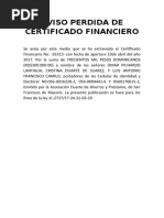 Aviso Perdida de Certificado Financiero