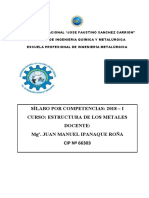 Sílabo Por Competencias: 2018 - I Curso: Estructura de Los Metales Docente: Mgº. Juan Manuel Ipanaque Roña CIP #66303