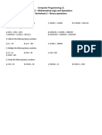 Computer Programming 11 Unit 2 - Mathematical Logic and Operations Worksheet 2 - Binary Operations